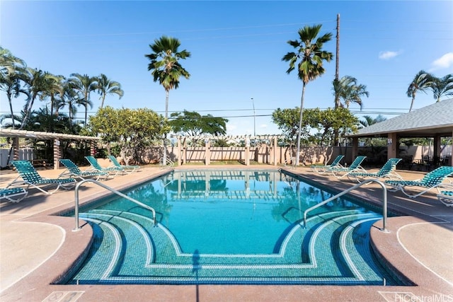 pool featuring a patio and fence