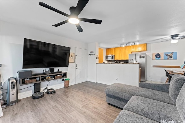 living area featuring a ceiling fan, baseboards, and wood finished floors