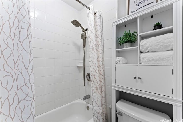 bathroom featuring toilet and shower / tub combo with curtain