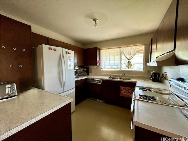 kitchen featuring dark brown cabinetry, white appliances, light countertops, and a sink