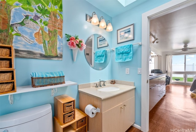 bathroom with toilet, a skylight, and vanity