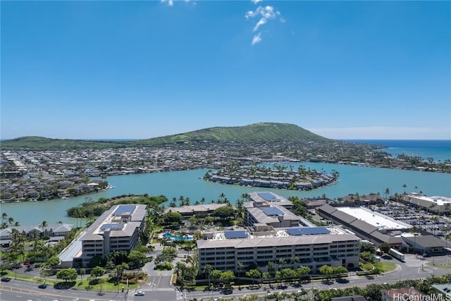 bird's eye view featuring a water and mountain view