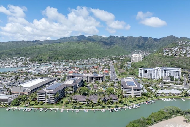 bird's eye view featuring a city view and a water and mountain view