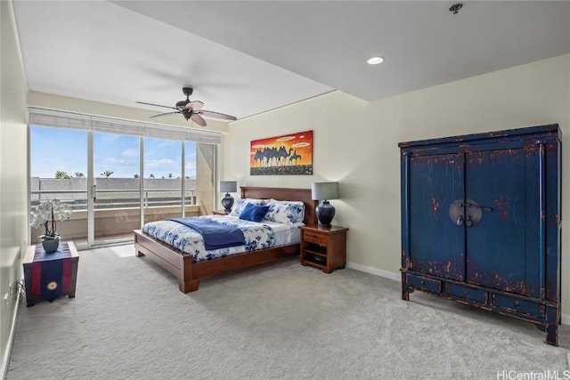 bedroom with baseboards, a ceiling fan, access to exterior, carpet flooring, and recessed lighting