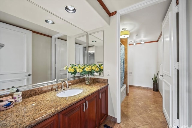 bathroom with recessed lighting, vanity, baseboards, ornamental molding, and a shower with curtain