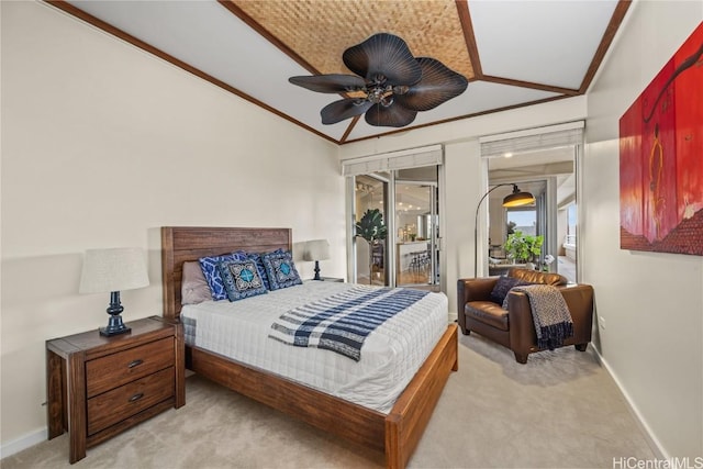 bedroom featuring light carpet, crown molding, vaulted ceiling, and baseboards