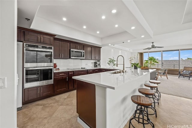 kitchen with stainless steel appliances, a raised ceiling, a sink, and tasteful backsplash