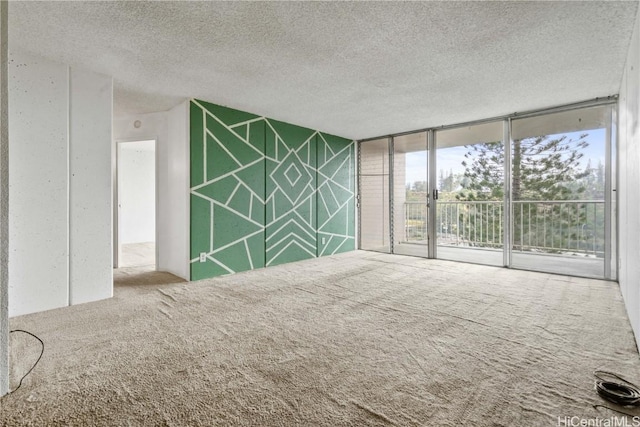 spare room with an accent wall, expansive windows, carpet flooring, and a textured ceiling