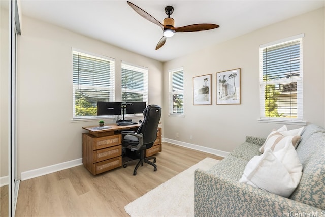 office area featuring light wood-style floors, a wealth of natural light, and baseboards