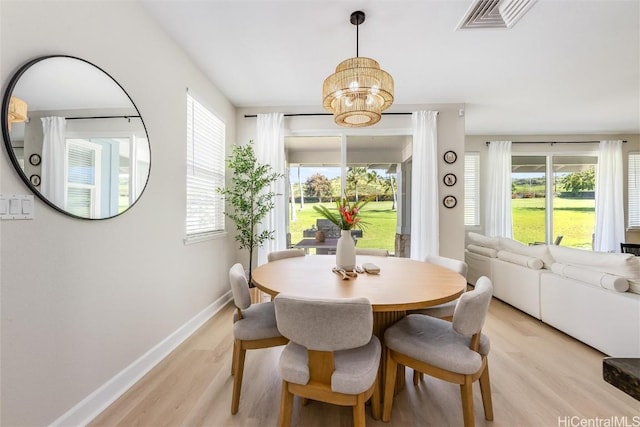 dining area featuring a healthy amount of sunlight, light wood-style flooring, visible vents, and baseboards