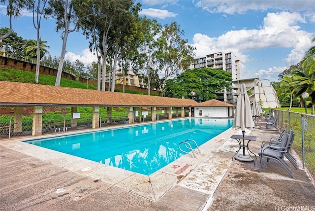 pool featuring a patio and fence