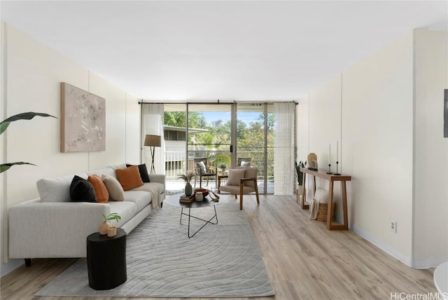 living area featuring a wall of windows and light wood finished floors