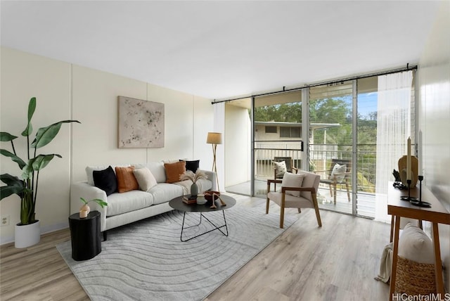 living room featuring a healthy amount of sunlight, light wood-style floors, and expansive windows