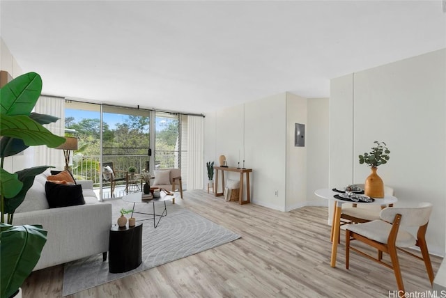 living area with a wall of windows, baseboards, electric panel, and light wood finished floors