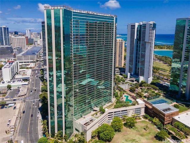 drone / aerial view with a view of city and a water view