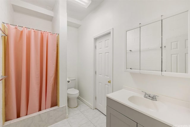 bathroom with toilet, vanity, a shower with shower curtain, and tile patterned flooring