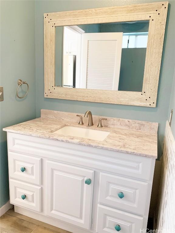 bathroom with wood finished floors and vanity