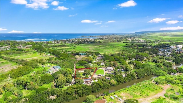 aerial view featuring a water view