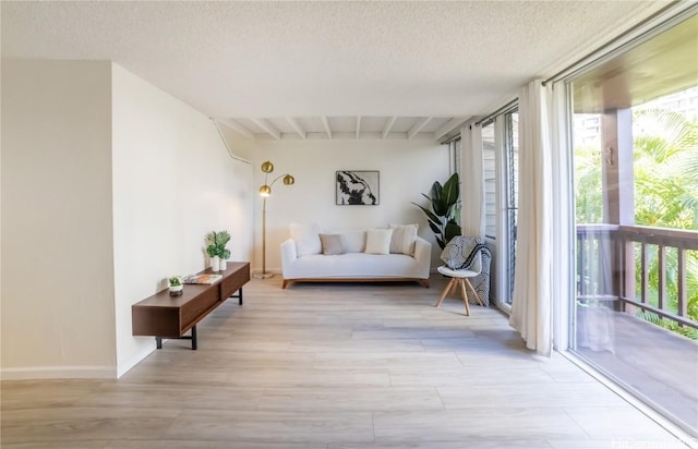 interior space featuring light wood-style flooring, a textured ceiling, and baseboards