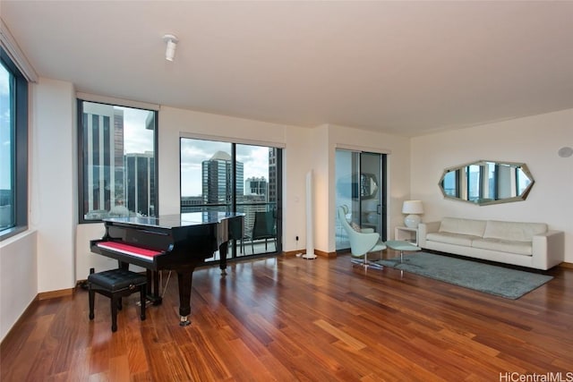 living area with a view of city, baseboards, and wood finished floors