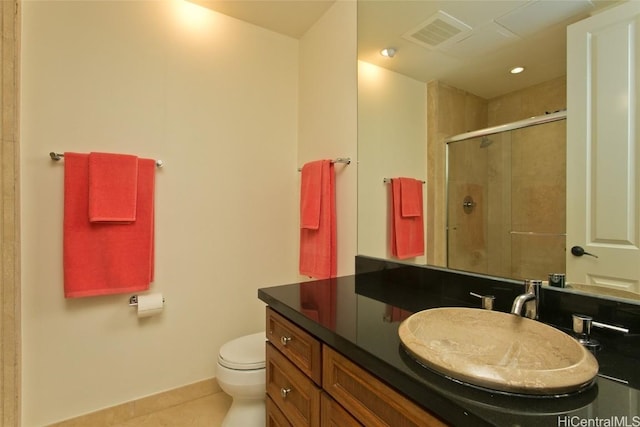 bathroom with visible vents, toilet, a stall shower, vanity, and tile patterned flooring