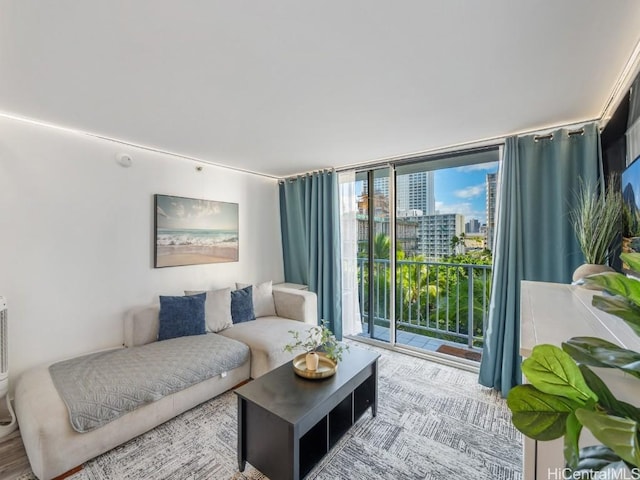 living room featuring floor to ceiling windows and a city view