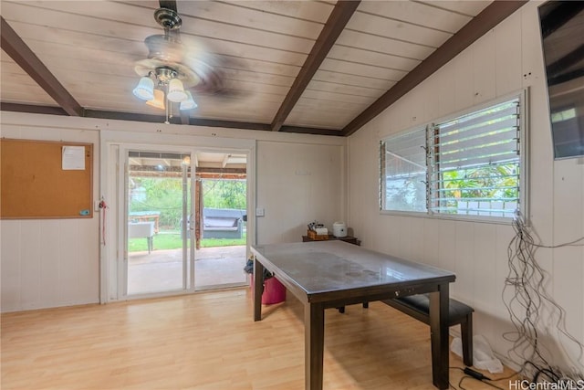 dining area with lofted ceiling with beams, light wood-type flooring, wood ceiling, and a ceiling fan