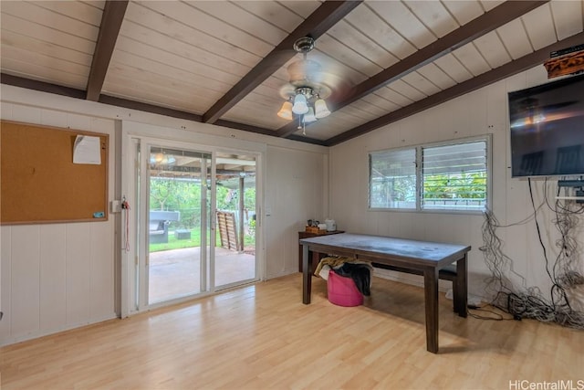 rec room with lofted ceiling with beams, light wood finished floors, and plenty of natural light