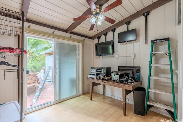 office with lofted ceiling with beams, ceiling fan, light wood-type flooring, and wooden ceiling