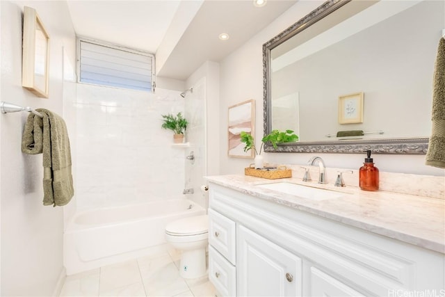 bathroom with shower / bath combination, vanity, and toilet