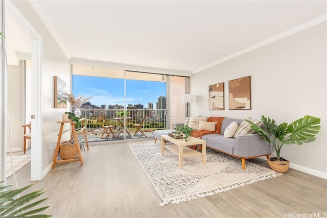 living room featuring a city view, a wall of windows, wood finished floors, and crown molding