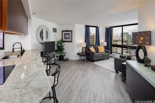 living area featuring light wood-style flooring, visible vents, and a textured ceiling