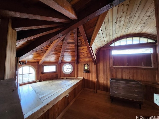 additional living space featuring lofted ceiling with beams, wooden ceiling, wood finished floors, and wood walls