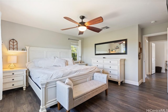 bedroom with dark wood-type flooring, ceiling fan, baseboards, and visible vents