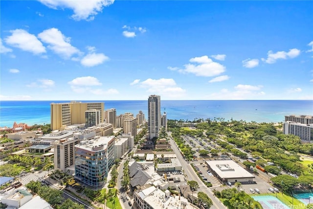 drone / aerial view featuring a view of city and a water view