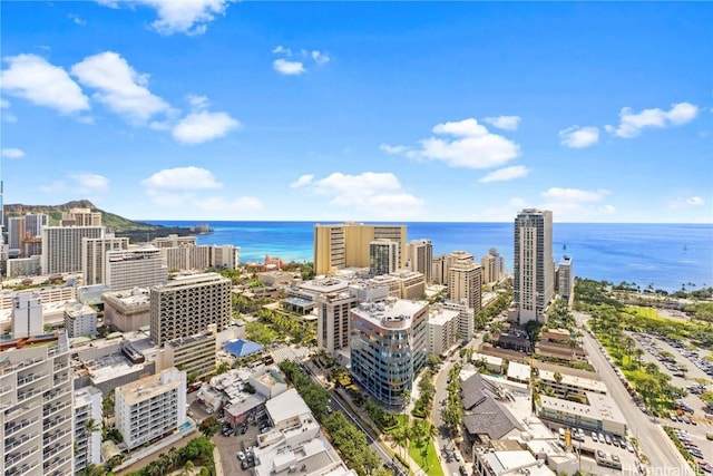 bird's eye view featuring a view of city and a water view