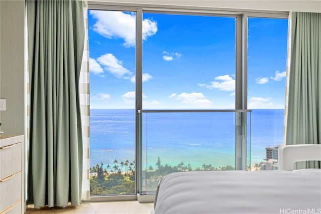 bedroom featuring a water view