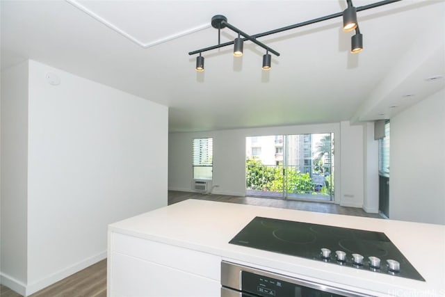 kitchen featuring wood finished floors, open floor plan, baseboards, and black electric cooktop