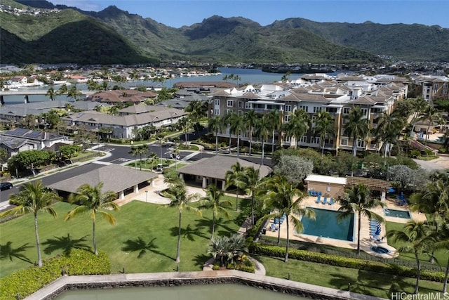 aerial view featuring a residential view and a water and mountain view