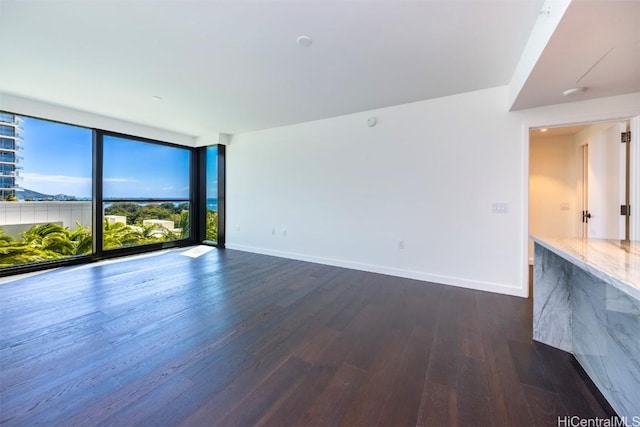 empty room featuring dark wood-style floors, floor to ceiling windows, and baseboards