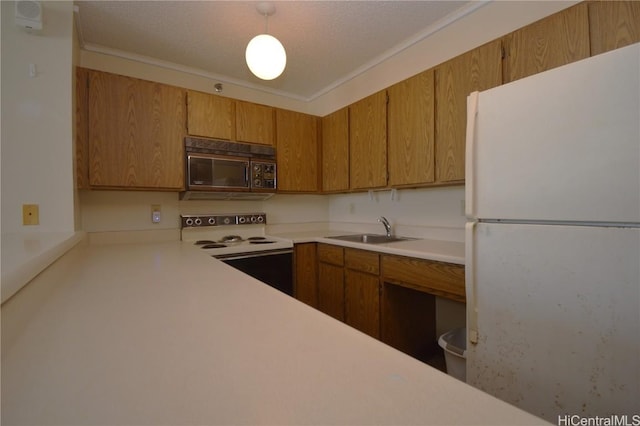 kitchen featuring brown cabinets, white appliances, light countertops, and a sink