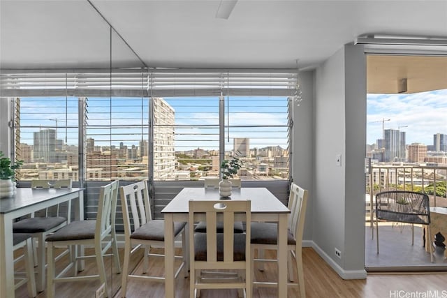 dining room with a view of city, baseboards, and wood finished floors