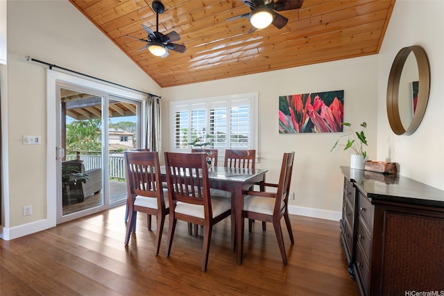 66-158A Haleiwa Rd, Haleiwa, HI 96712 - dining area featuring ceiling fan, vaulted ceiling, wood ceiling, baseboards, and dark wood-type flooring