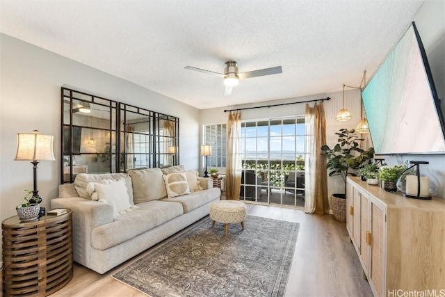 living room featuring ceiling fan, a textured ceiling, and light wood-style floors