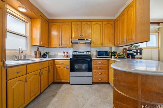 kitchen featuring brown cabinetry, appliances with stainless steel finishes, light countertops, under cabinet range hood, and a sink