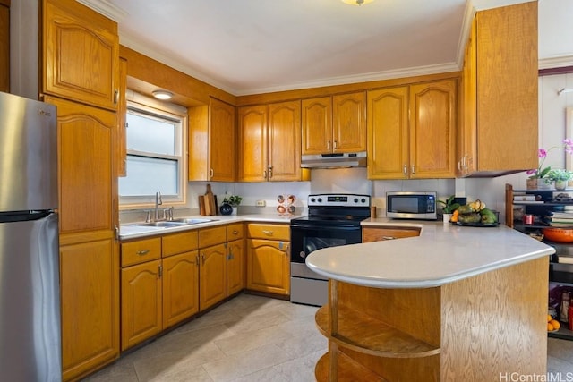 kitchen with appliances with stainless steel finishes, brown cabinets, light countertops, under cabinet range hood, and a sink