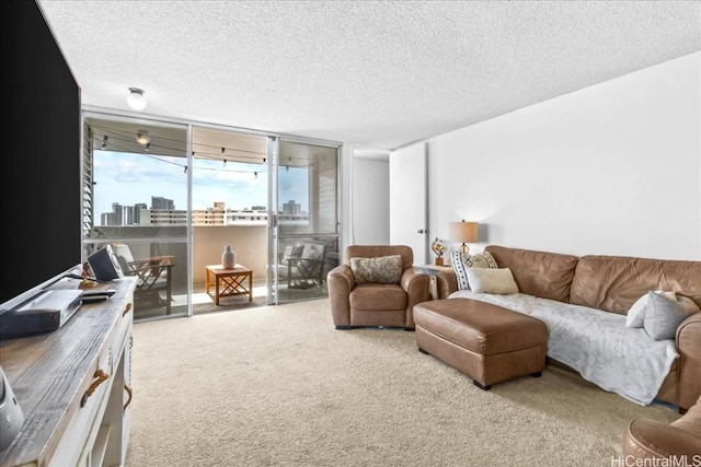 carpeted living room featuring a textured ceiling