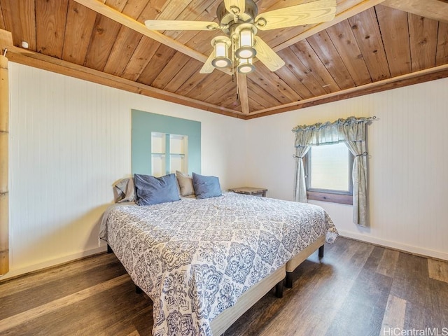 bedroom featuring dark wood-type flooring, wooden ceiling, ceiling fan, and baseboards