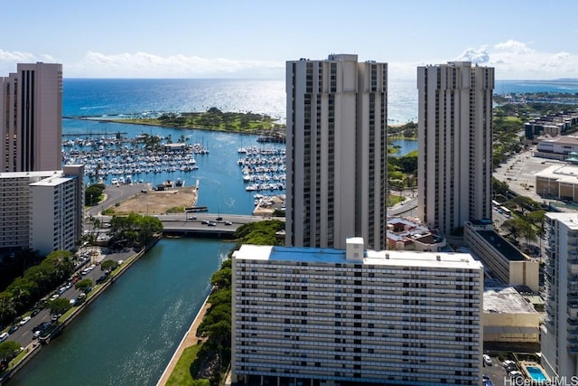 bird's eye view with a water view and a city view