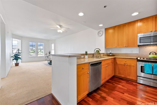 kitchen with open floor plan, a peninsula, stainless steel appliances, a ceiling fan, and a sink